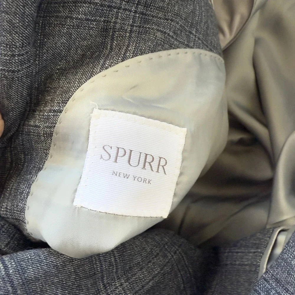 Spurr New York Men's Wool Blazer‎ 40L Gray Check Sport Coat Jacket 2-Button